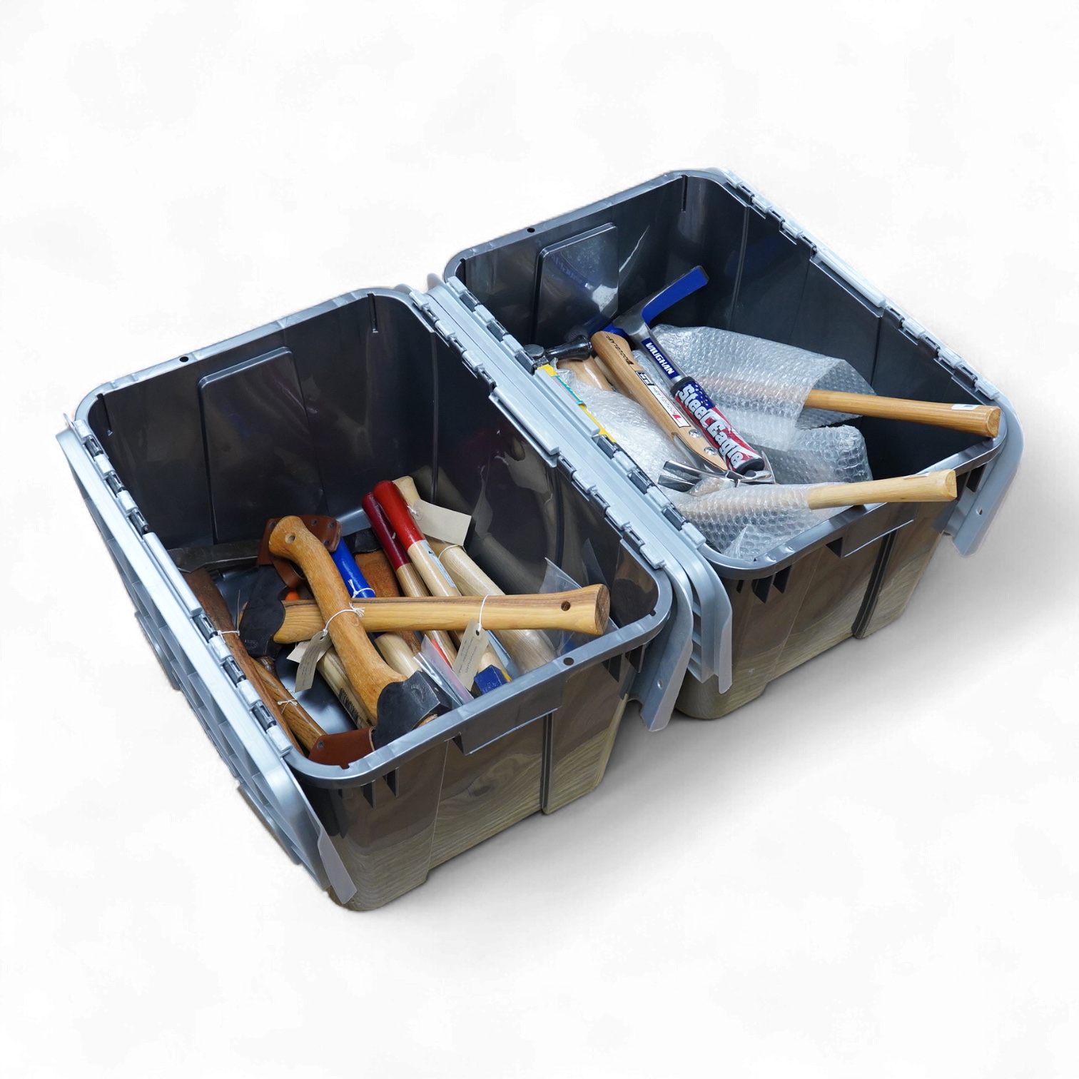 A collection of heavy duty hammers, framing hammers, and axes, including; 13 hammers by Vaughan, U.S.A., plus nine others by Stiletto, etc., and 14 carpenters axes and hatchets by James Howarth, Gransfars Bruks, Agdor of